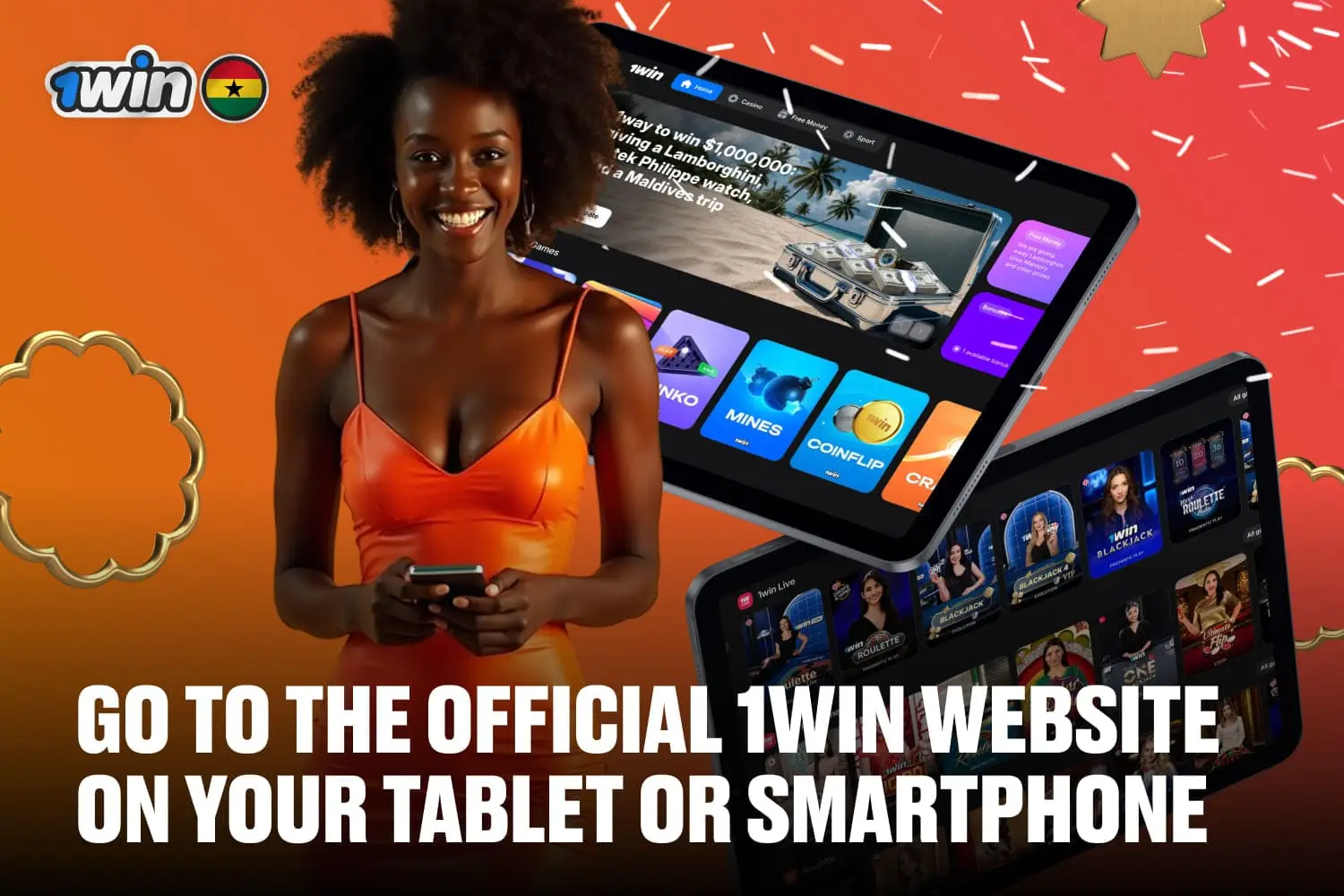 image show mobile interface of 1win and a smilling woman