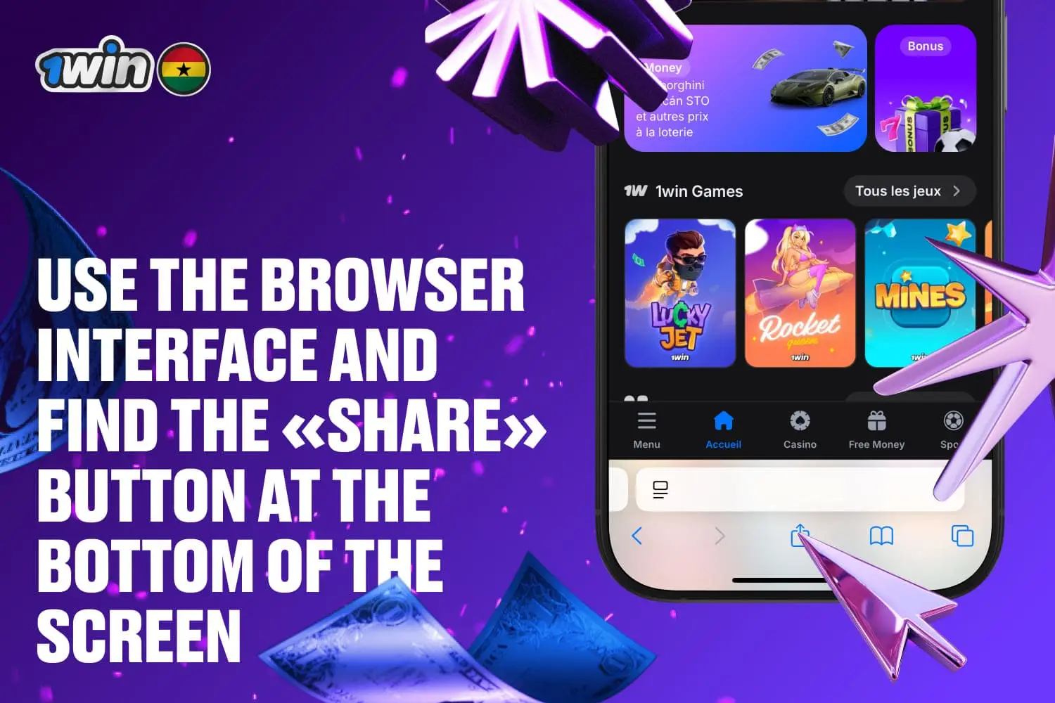interface of safari browser and an arrow pointing to share button location